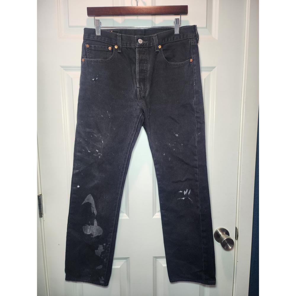 Levis 501 Original Fit Distressed Black Paint Splatter Straight Leg Jeans 32x30